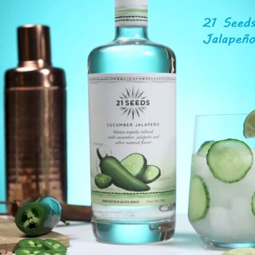21 Seeds Cucumber Jalapeño Tequila Recipes - Explanation with bottles, glass and lemon slice