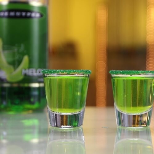 Gummy Bear Shot With Green Melo and Vodka, serving in shot glass